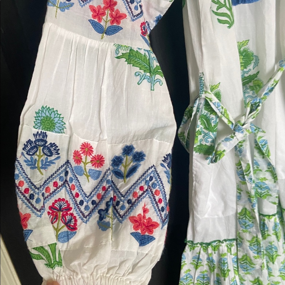 Floral Bohemian Dress - Green and Blue embroidered sleeves